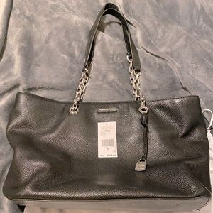Michael Kors Mercer Medium Tech Tote, Black Pebble Leather, Silver Hardware